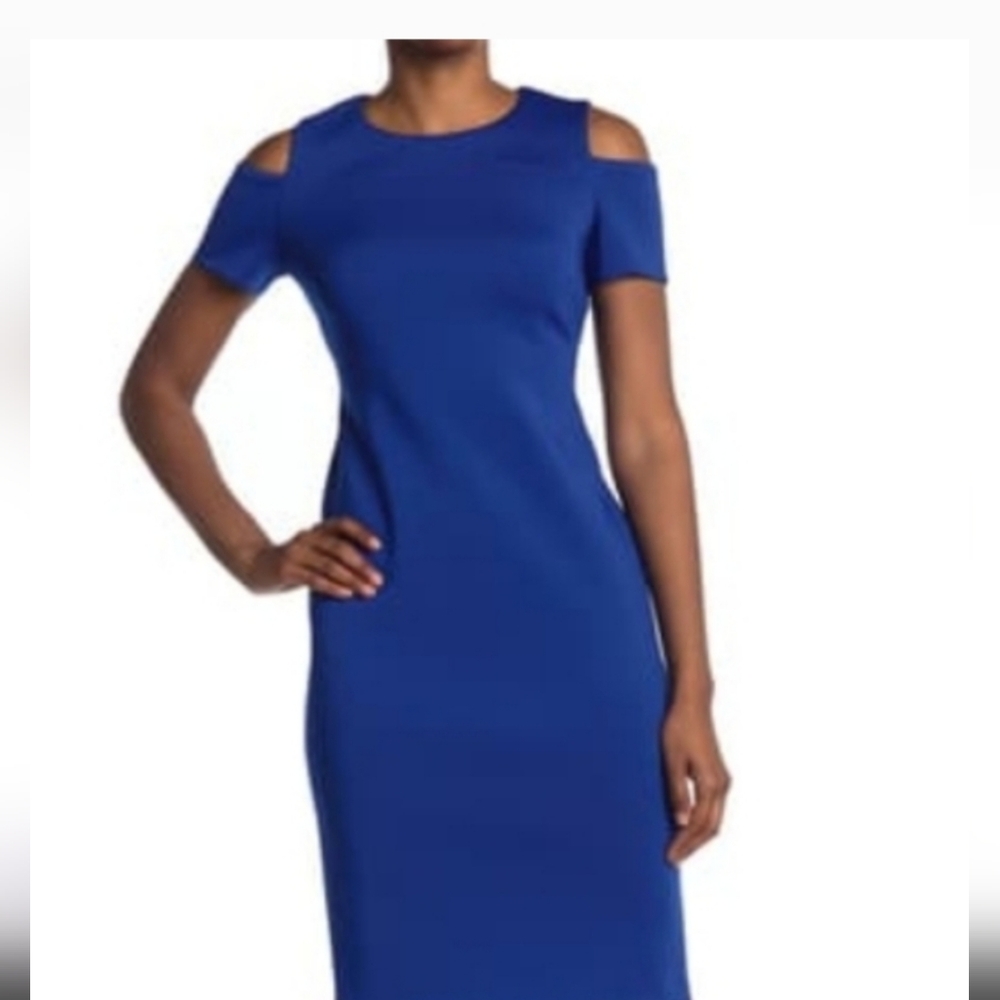 Calvin Klein Royal Blue Cold Shoulder Midi Dress Size 10 Fitted Career Cocktail
